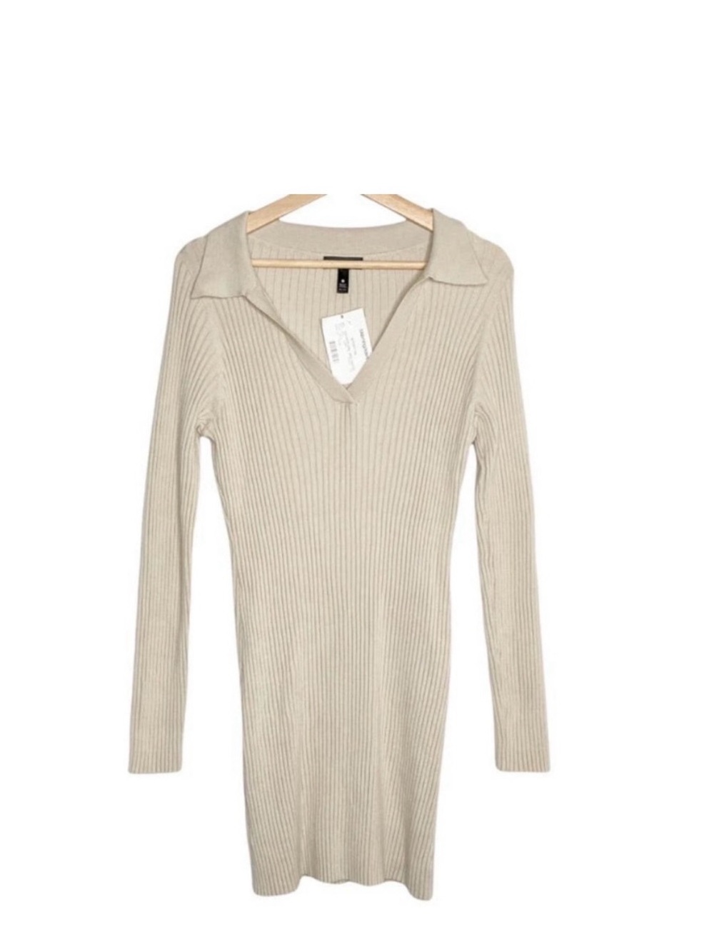 Ribbed Knit V-Neck Collar Long Sleeve Sweater Dress in Beige